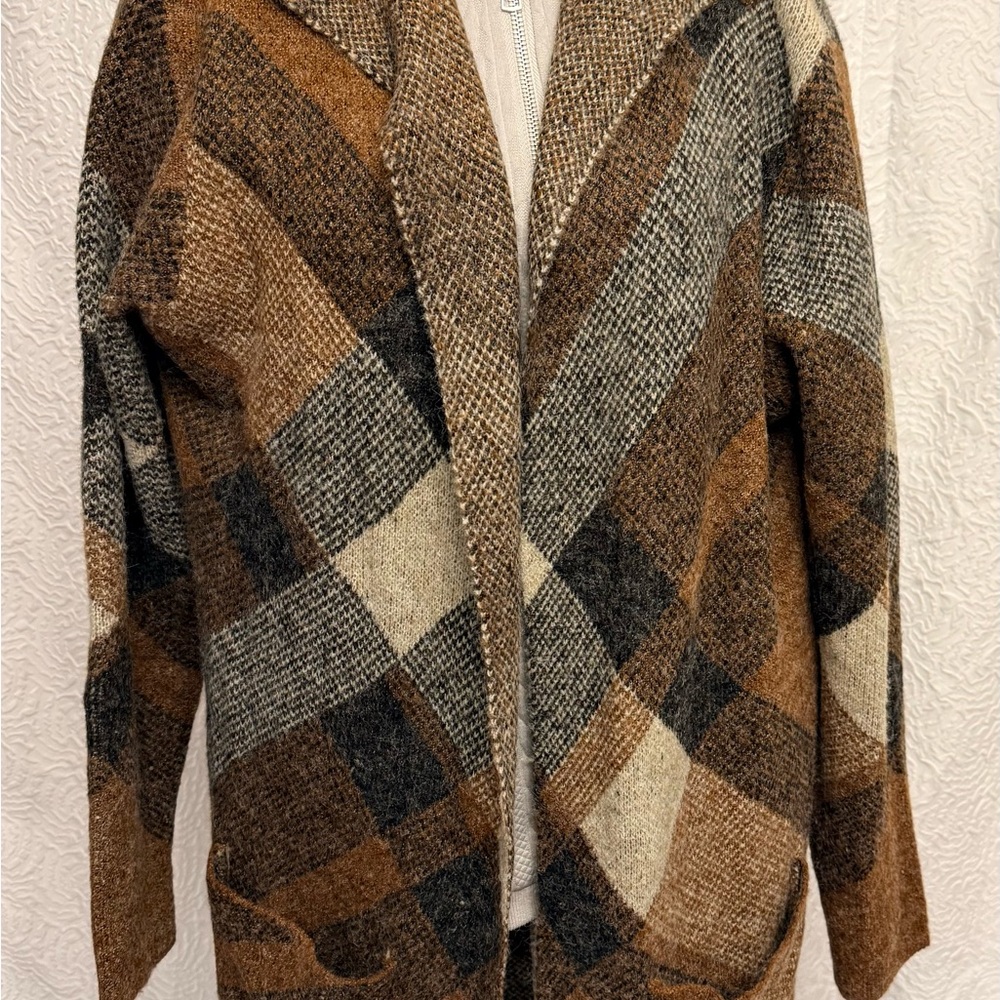 Natural Reflections Plaid Cardigan-Shaw Brown, Black, and Cream.